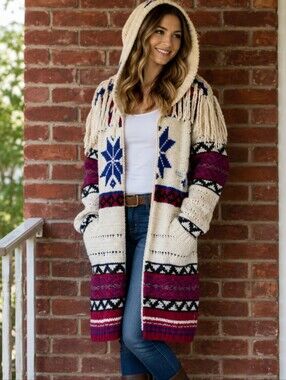 Polo Ralph Lauren Fair Isle Wool Alpaca Fringe Hooded Cardigan Sweater M